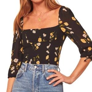 Reformation Grove 3/4 Tie Sleeve Top, Piazza, Black Floral, Sz 8